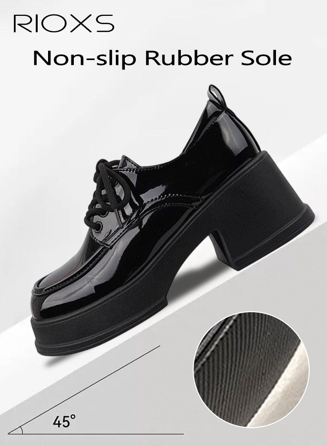 ريوكس حذاء نسائي سميك بكعب عالٍ من الجلد اللامع، حذاء أوكسفورد عصري بكعب عالٍ ورباط، حذاء مريح وناعم للارتداء اليومي، حذاء بكعب عالٍ ومقدمة مستديرة مانعة للانزلاق، مناسب للعمل والمناسبات الرسمية والمواعيد الغرامية والتخييم والارتداء اليومي وغير ذلك، لون أسود - Image 3